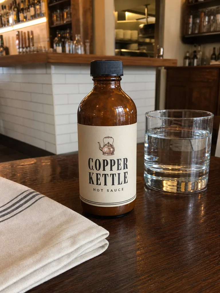 Phone photo of a brown glass hot sauce bottle with a cream paper label reading COPPER KETTLE · HOT SAUCE standing on a dark wooden restaurant table beside a folded napkin and a water glass, the bar softly behind