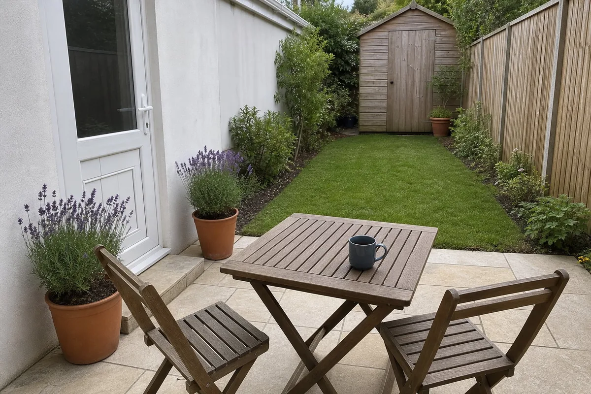 Bright phone photo of a small, tidy back-garden patio: a slatted wooden table with two chairs and a mug on pale paving, two pots of lavender by the back door, a strip of lawn and a timber shed at the end