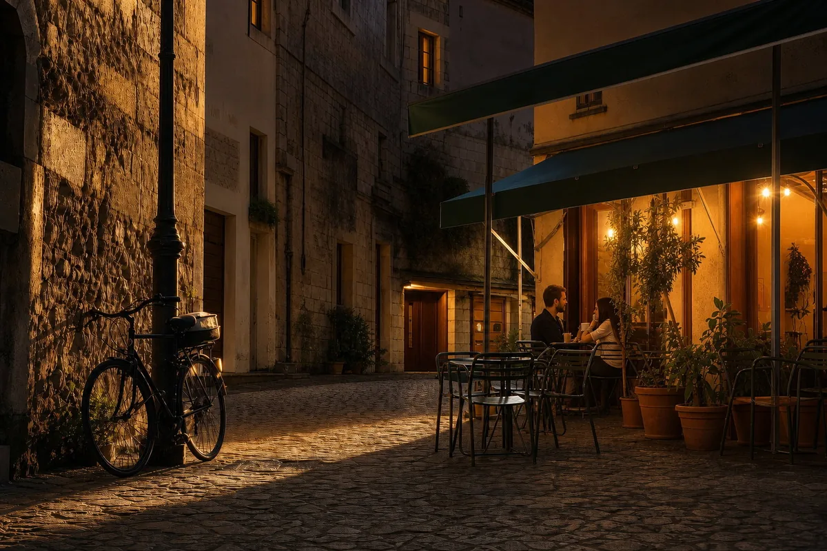 The same café corner at night: the doorway glowing under the awning, the lamppost and the street lamps lit, the couple still at the far table, the bicycle against the post, warm light on the cobbles