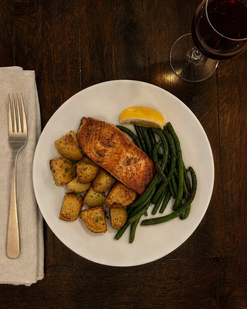The same restaurant plate with a glass of red wine where the white wine was: the salmon, the roast potatoes, the green beans, the lemon, the fork, and the napkin untouched on the dark table