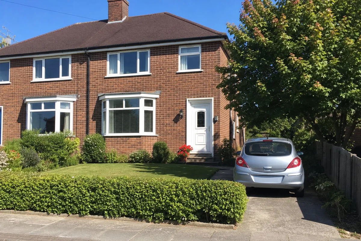 Phone photo of a brick semi-detached house from the pavement on a summer afternoon: a green lawn, a low hedge, a silver hatchback on the drive, a white front door with red geraniums by the step, and a leafy maple at the side