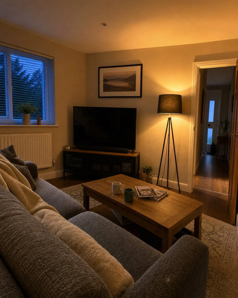 The same living room at dusk with nothing else changed: the tripod lamp switched on and glowing, the blinds showing a darkening sky, the sofa, the coffee table with two mugs and magazines, and the TV as before