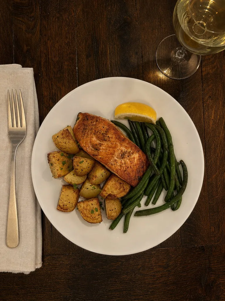 Phone photo looking down at a restaurant plate of pan-fried salmon with roast potatoes, green beans, and a lemon wedge, a glass of white wine, a used fork, and a napkin on a dark wooden table under warm light