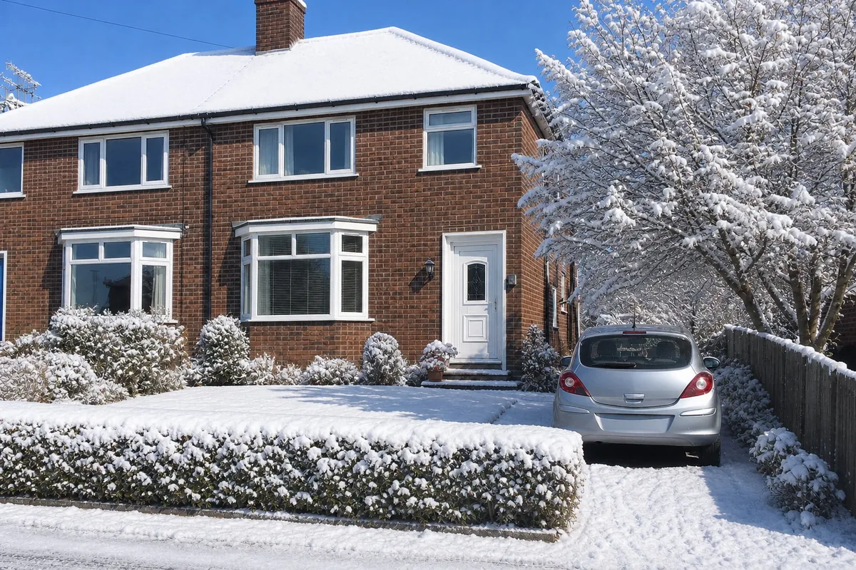The same semi-detached house in winter: snow on the roof, the lawn, the hedge, and the bare maple, the silver car and the white front door as before, under the same blue sky