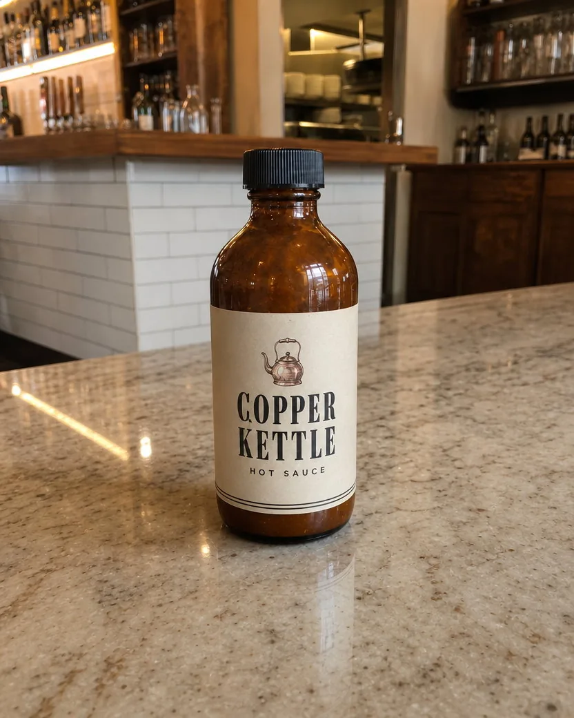 The same hot sauce bottle standing on the restaurant’s marble bar counter, the napkin and glass gone, the label still reading COPPER KETTLE, the bar shelves behind it unchanged