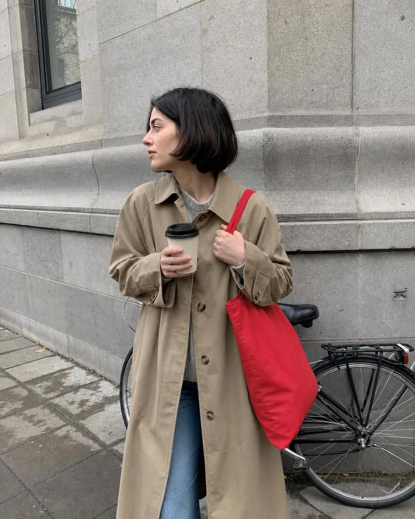 The same street photo with the tote bag now bright red: the woman, her trench coat, her coffee, the stone building, and the bicycle behind her exactly as before