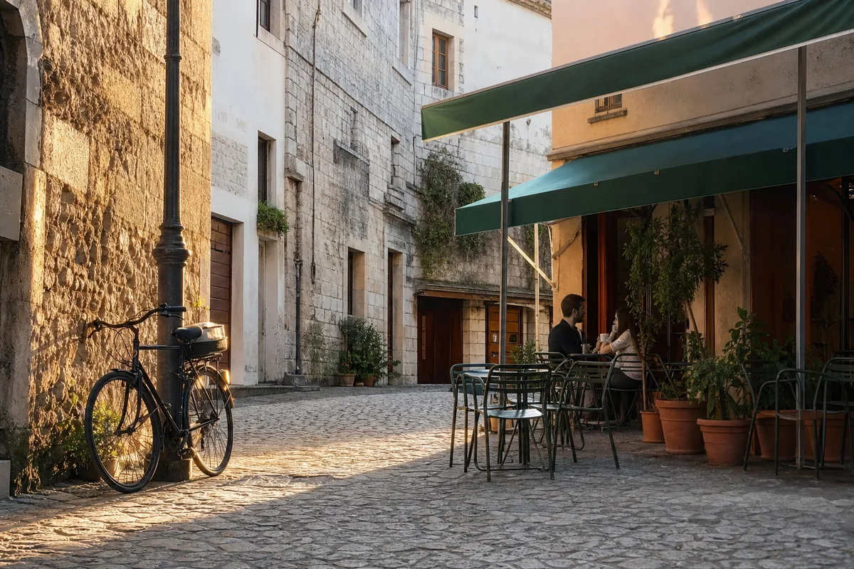 Late-afternoon phone photo of a quiet old-town corner: a small café terrace with metal chairs, a green awning, a bicycle leaning against a lamppost, terracotta pots by the door, and a couple with coffees at the far table