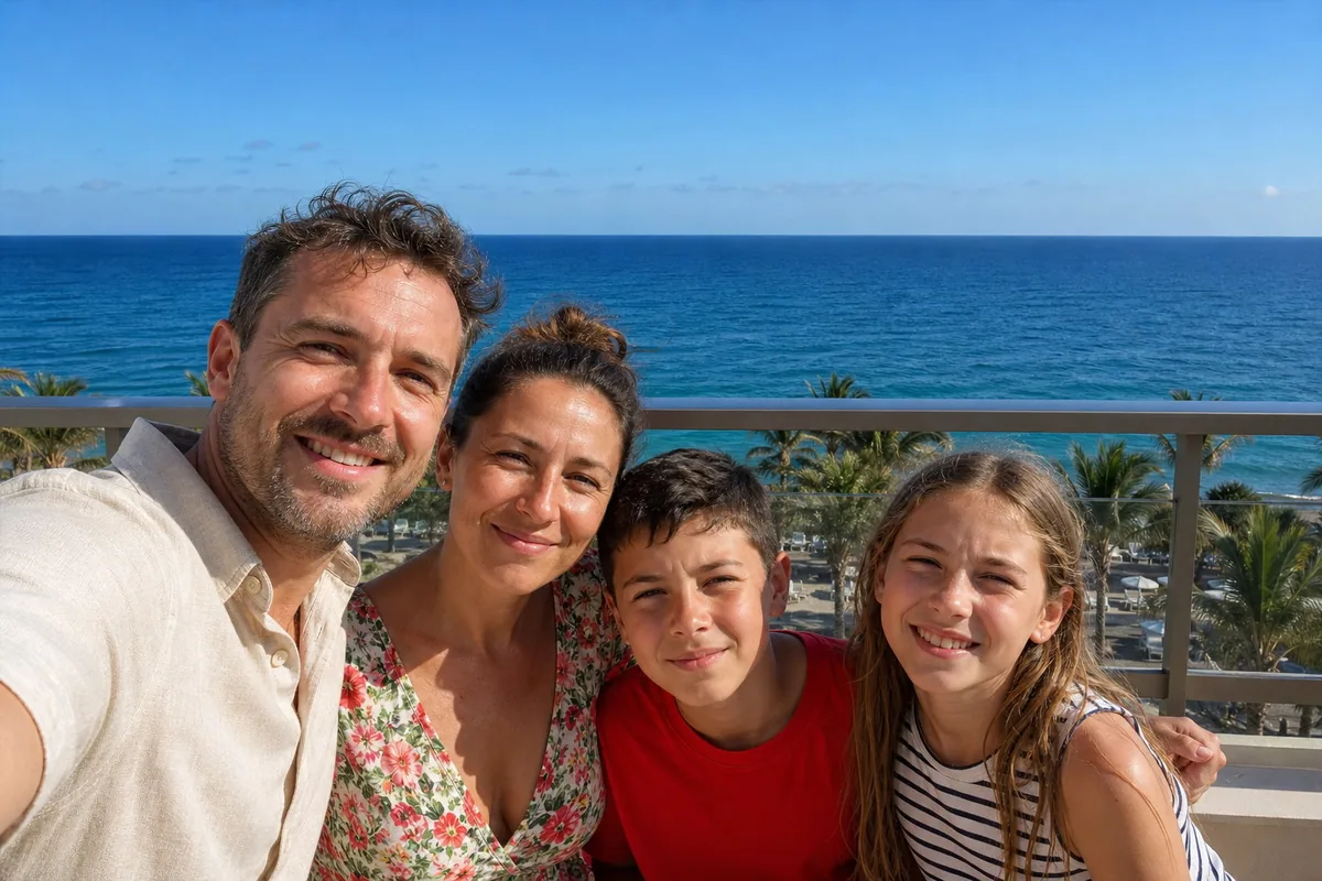 Landscape holiday snapshot of a family of four squinting in bright midday sun on a hotel balcony, a linen shirt, a floral dress, a red T-shirt and a striped top, the sea behind
