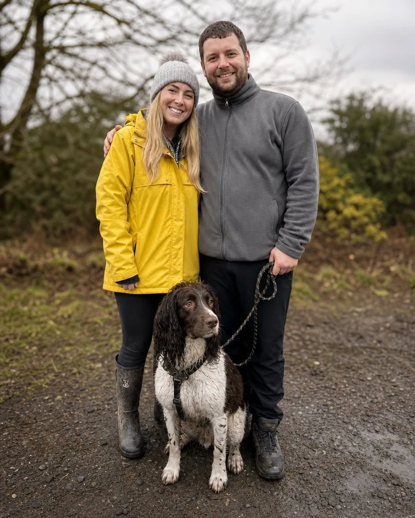 Portrait of the same couple in the yellow raincoat and grey fleece with the same dog on its lead, standing in the same car park, both smiling at the camera