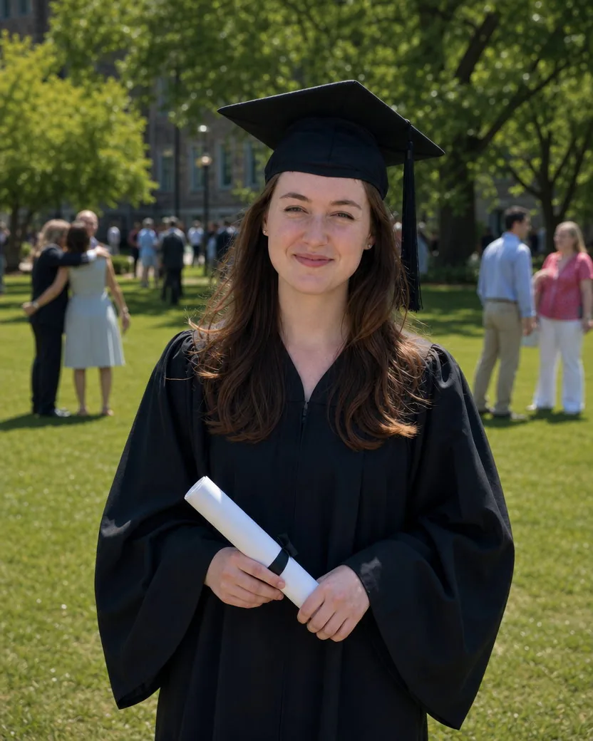 Portrait of the same graduate in the same black gown and mortarboard holding the same rolled certificate on the campus lawn, the other families softly out of focus behind