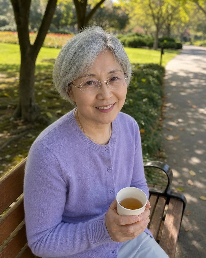 Portrait of the same woman in her sixties in the same lilac cardigan and thin metal glasses holding the same cup of tea on the same park bench, the path and the trees behind, photographed at eye level