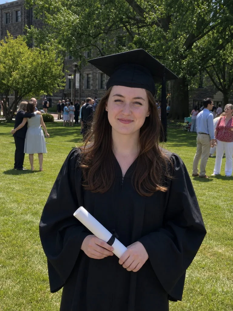Phone photo of a young woman in a black graduation gown and mortarboard holding a rolled certificate on a campus lawn, squinting in harsh midday sun, other families behind