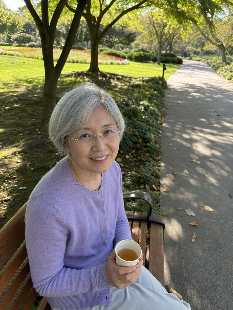 Phone photo taken from slightly above of a woman in her sixties with short silver hair and thin metal glasses in a lilac cardigan holding a paper cup of tea on a park bench, dappled light, a tree-lined path and flower beds behind