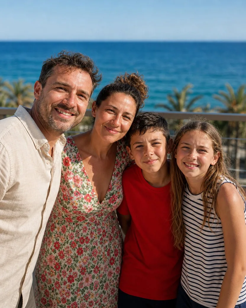 Portrait of the same family of four on the same hotel balcony in the same holiday clothes, all four smiling at the camera, the sea and marina behind