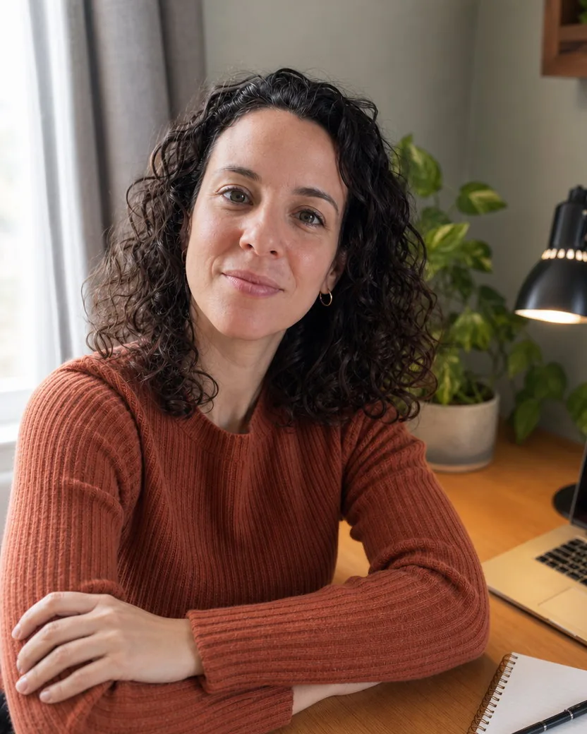 4:5 portrait of the same woman with curly dark hair in the same rust knit jumper at the same desk, the window light on her face, the plant and laptop softly behind, real skin texture