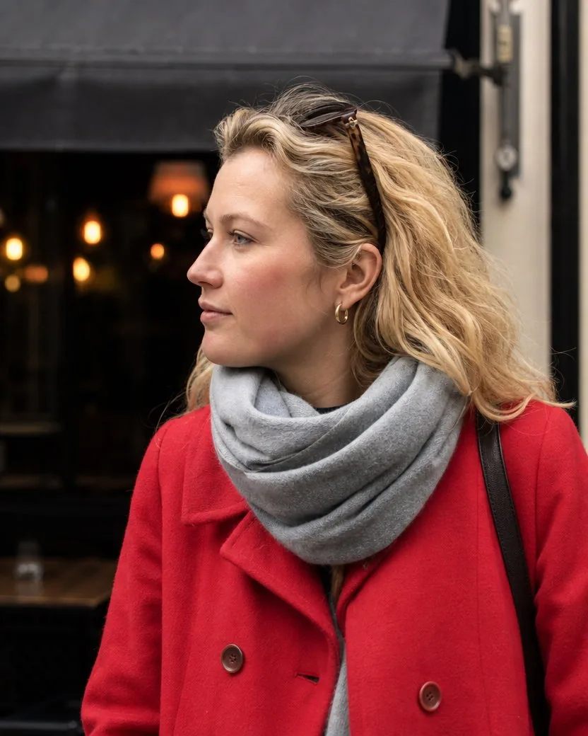Head-and-shoulders portrait of the same woman in the same red wool coat and scarf with sunglasses pushed up in her blonde hair, the cafe awning softly behind her