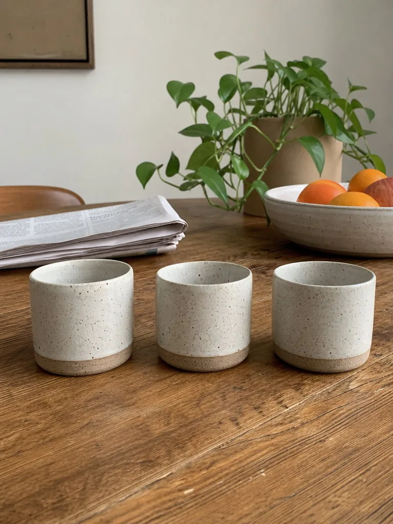 Phone photo of three speckled stoneware espresso cups with unglazed bases in a loose row on a wooden dining table, a newspaper, a house plant and a fruit bowl behind