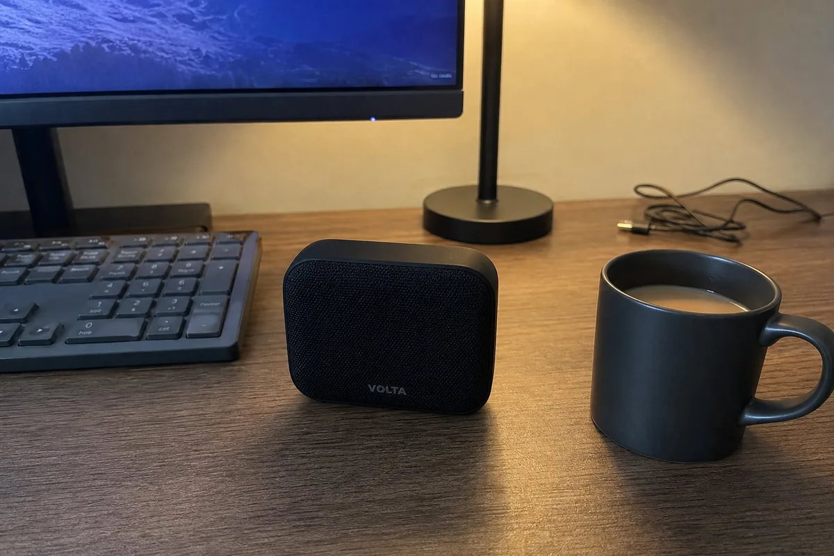 Phone photo of a small black fabric-fronted speaker with a tiny “VOLTA” wordmark on a messy desk beside a keyboard, a mug of coffee and a tangled charging cable, under mixed monitor and lamp light