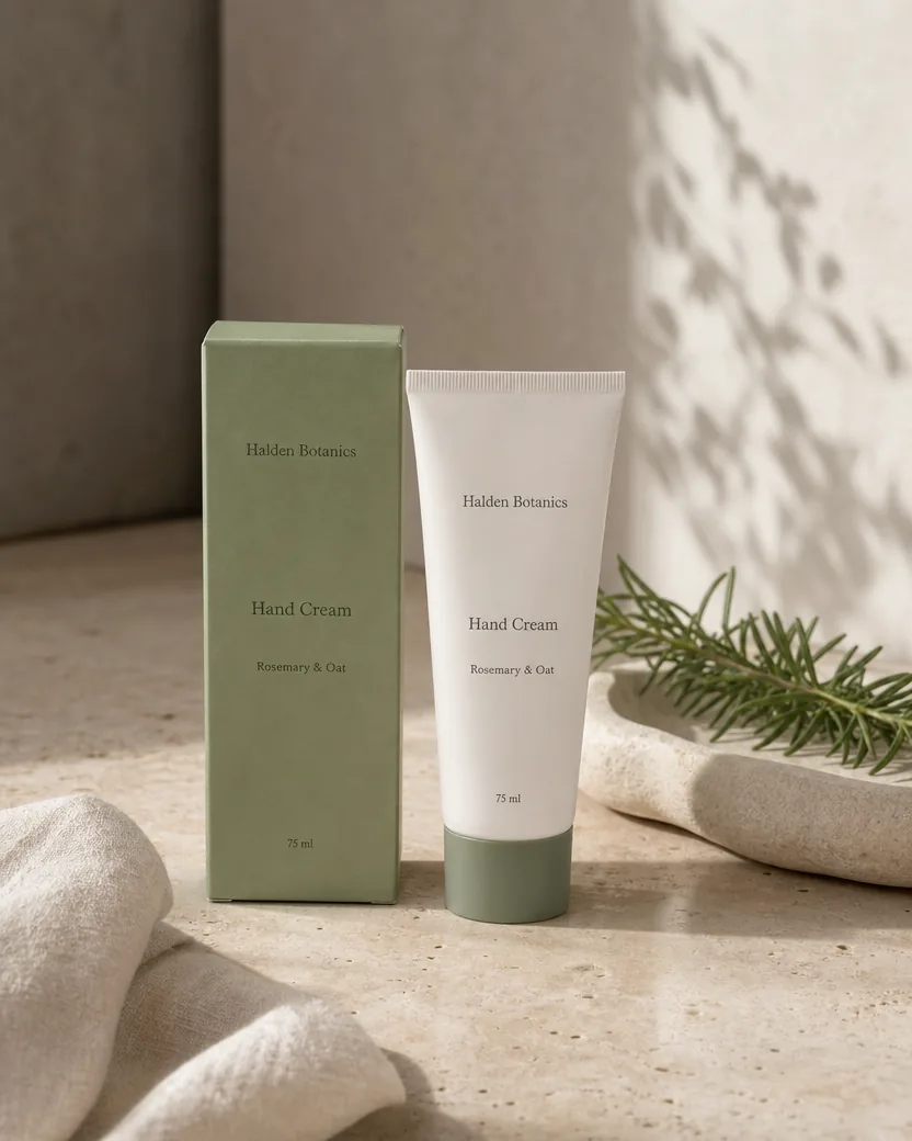 Ad photo of the same hand cream tube and carton on a stone surface with a sprig of rosemary, the “Halden Botanics · Hand Cream · Rosemary & Oat” print identical on both