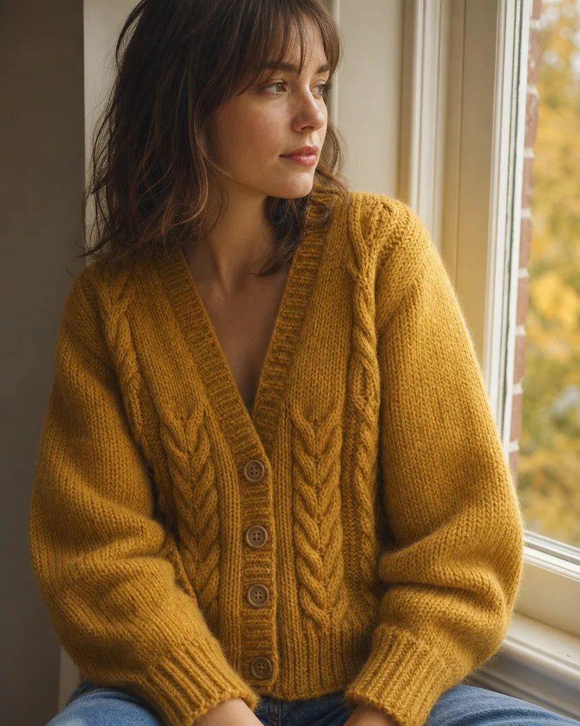 Campaign photo of a young woman by a window wearing the same mustard cable-knit cardigan buttoned, the four wooden buttons, cable panels and ribbed cuffs sharp, autumn trees outside
