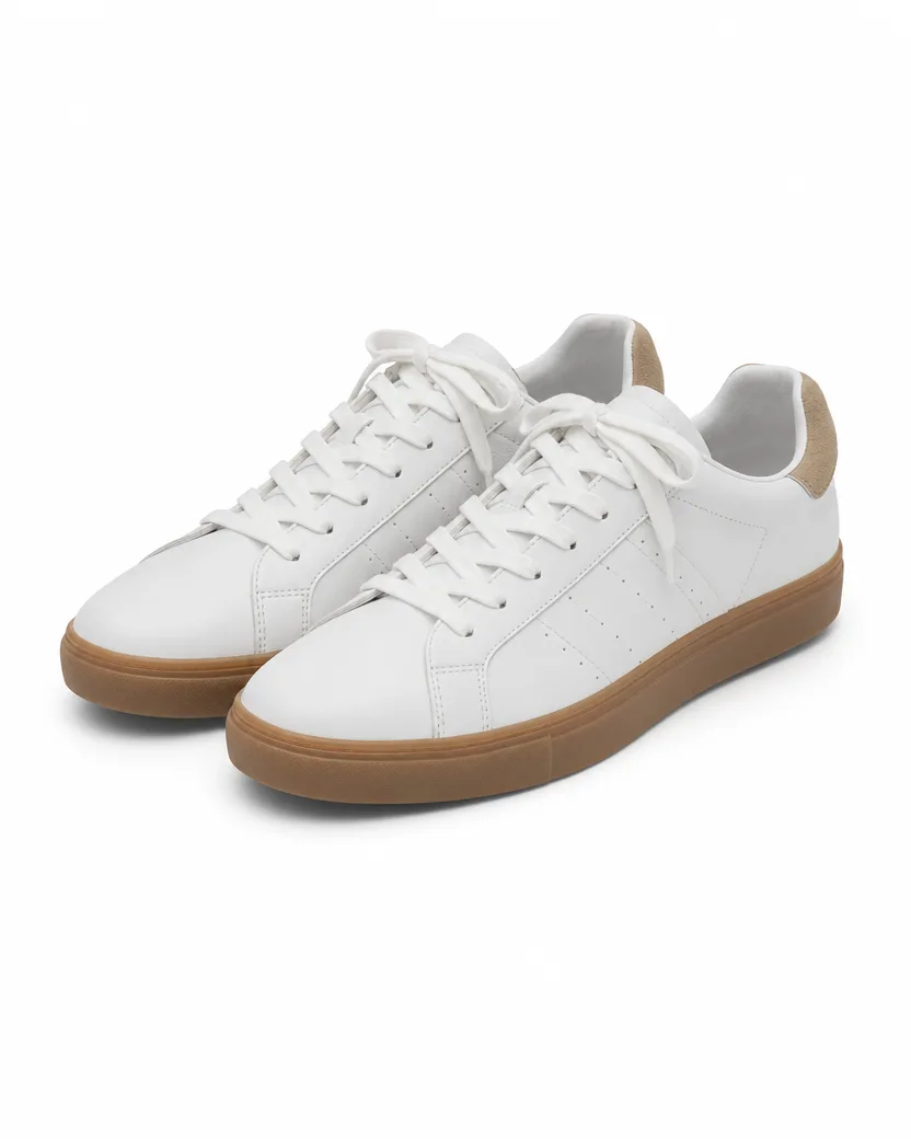 Listing photo of the same pair of white sneakers at a three-quarter angle on pure white, both shoes fully in frame with their gum soles, tan heel tabs and a soft contact shadow under each
