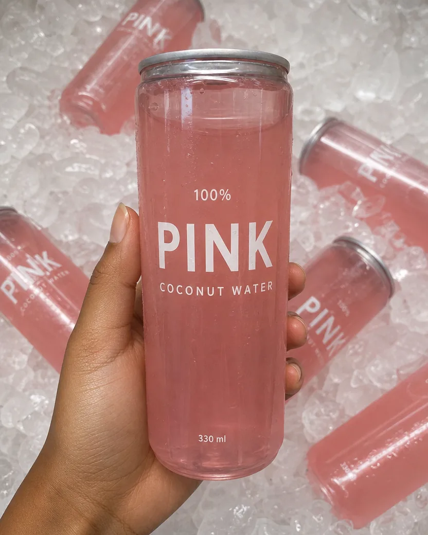 Phone photo of a woman’s hand holding a clear slim can of pink coconut water printed 100% PINK COCONUT WATER 330 ml above a tub of crushed ice with more of the same cans lying in it