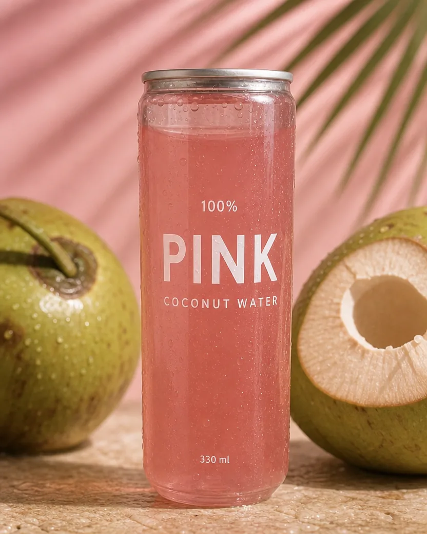 Ad photo of the same clear can of pink coconut water with the same 100% PINK COCONUT WATER print and silver top, standing between two fresh green coconuts, one cut open, under palm-leaf shadows on a pink set