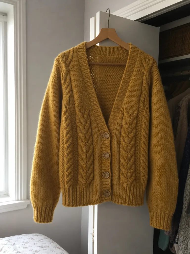 Phone photo of a mustard cable-knit cardigan with four wooden buttons hanging from a wooden hanger on an open wardrobe door, grey daylight from a window on the left