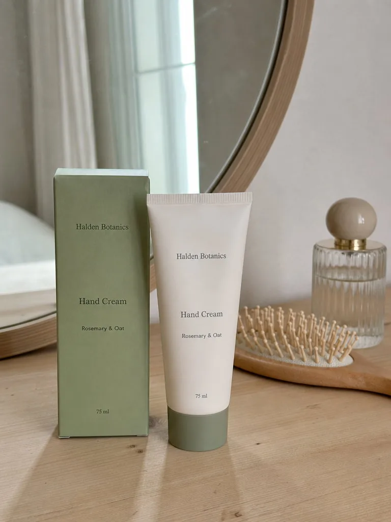 Phone photo of a white hand cream tube with a sage cap and its sage carton printed “Halden Botanics” on a pale wooden dressing table in front of a round mirror, a hairbrush and a perfume bottle beside them
