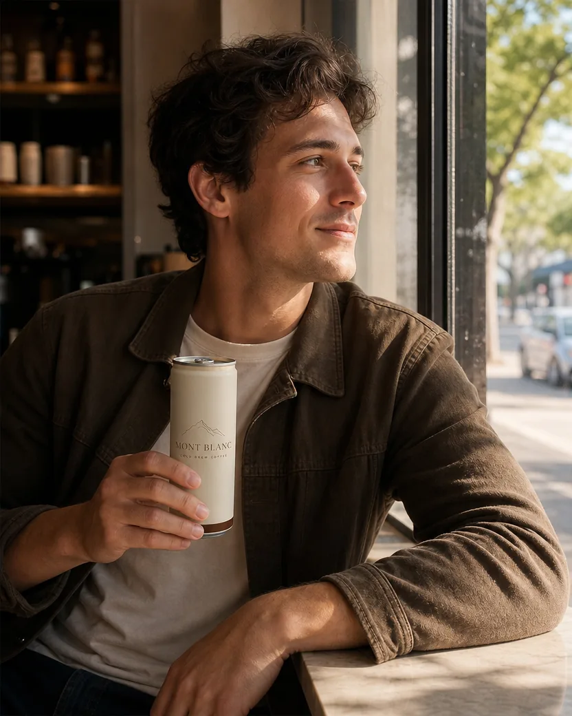 Ad photo of a young man by a café window holding the same cream can with the “Mont Blanc · Cold Brew Coffee” print, morning light, trees outside