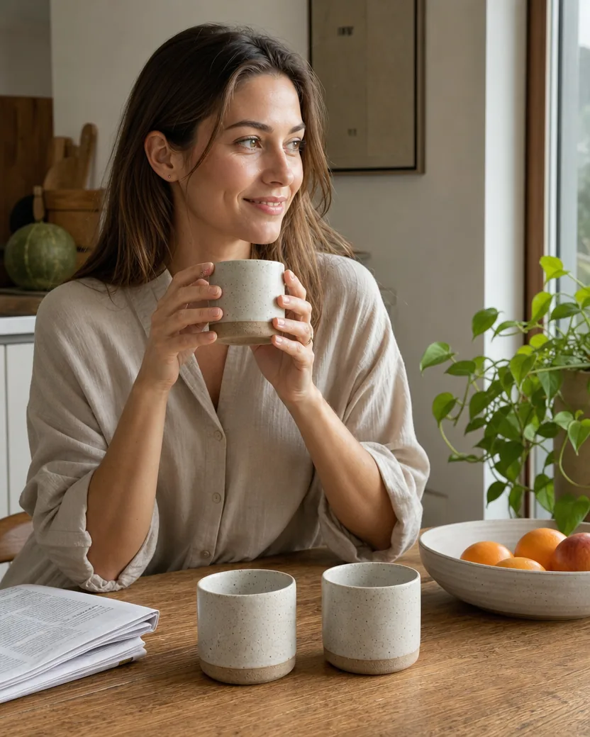 Ad photo of a young woman at a sunny kitchen table holding one of the same speckled cups, the other two cups on the table in front of her