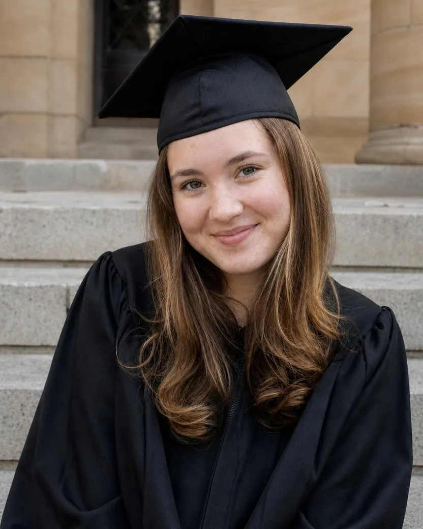 The same graduation photo with the breakout softened, the freckles across her nose kept, and the hard shadow from the cap eased