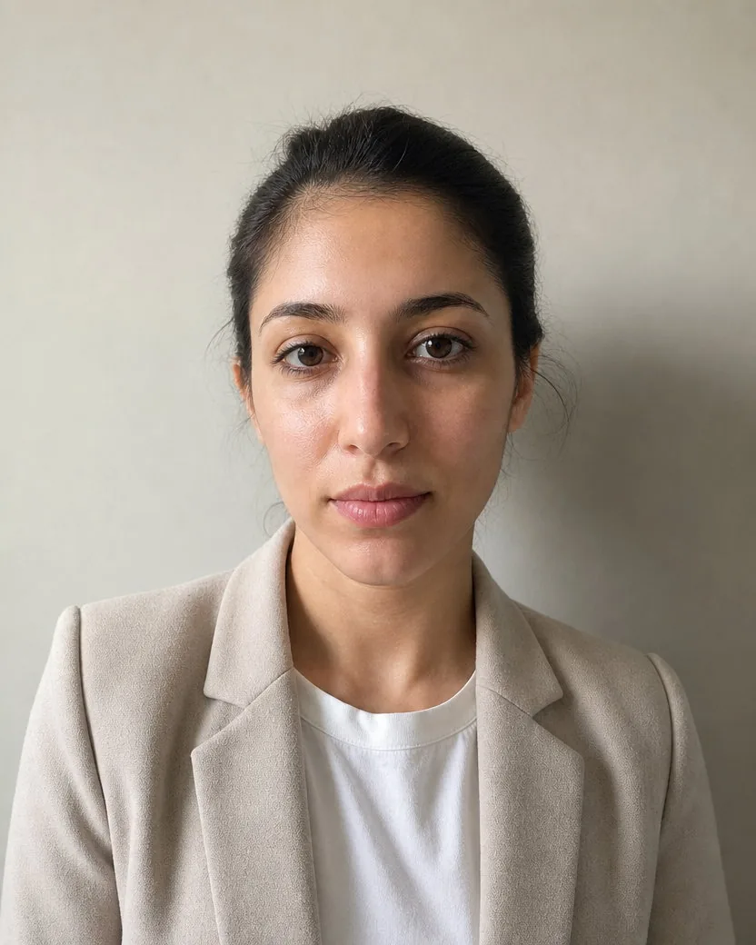 The same profile photo with the shine and blemishes corrected, the exposure evened across her face, and the lint gone from the blazer, with her skin tone and baby hairs unchanged