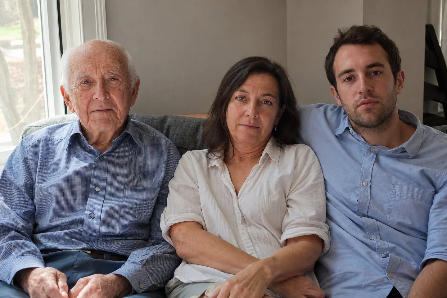 The same family portrait with the exposure balanced across the three faces, the shine and tired eyes eased, and the age spots, stubble, and creased shirts kept