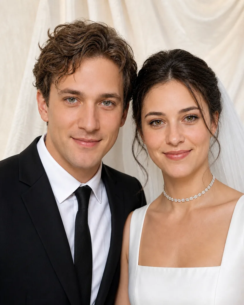 The same wedding portrait after the AI retouch, with the blemishes, the forehead shine, the dark circles and the stray hairs corrected and the light, colour, expressions, stubble and both faces unchanged