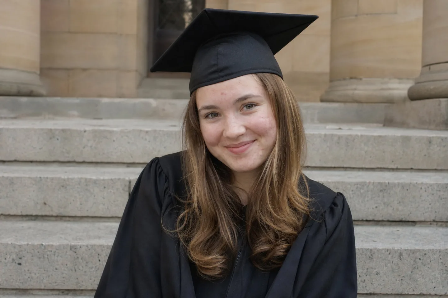 Phone photo of a young woman in a black graduation cap and gown on campus steps with an acne breakout on her cheeks and forehead and freckles across her nose