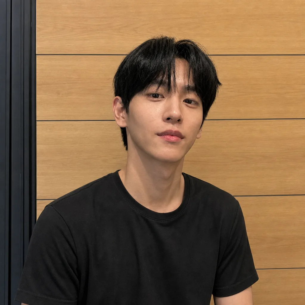 Square profile picture of the same young man in the same black T-shirt against the same oak panels, now level, the head centred with room above the hair, eyes on the camera, real skin texture