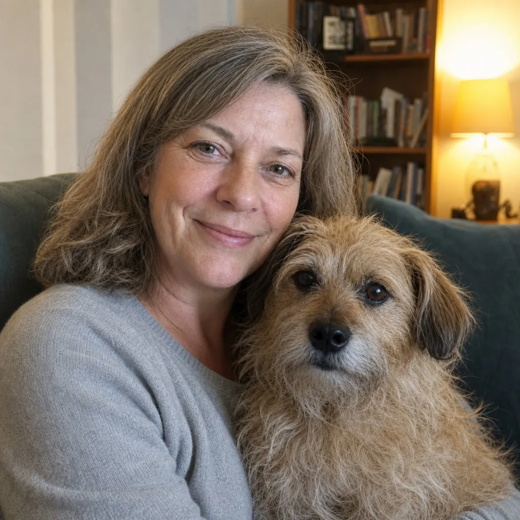 Square profile picture of the same woman with the terrier still held beside her face, both looking at the camera, the same cardigan and bookshelf behind