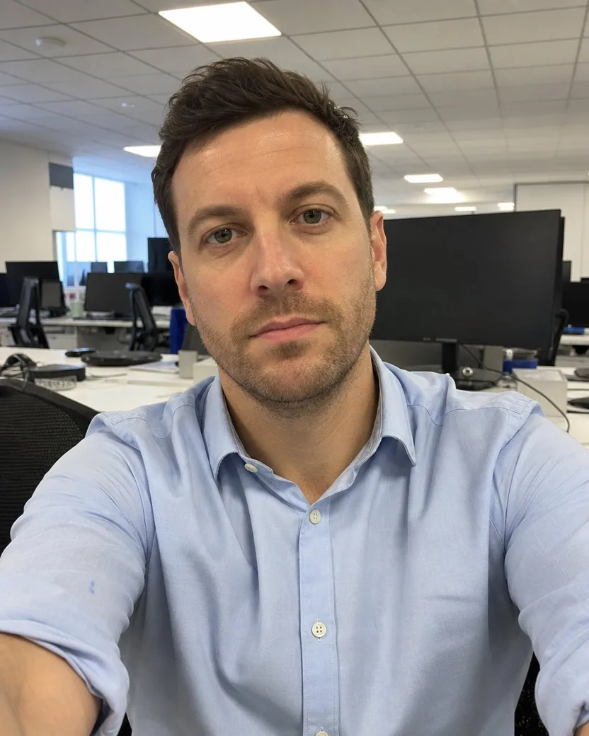 Arm’s-length front-camera selfie of a man in a light blue shirt at an open-plan office desk, flat overhead light and wide-angle distortion