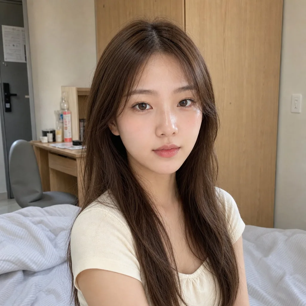 Square profile picture of the same young woman in the cream top with the same deadpan expression, the camera now level and at a normal distance, the wardrobe and desk behind, eyes on the camera