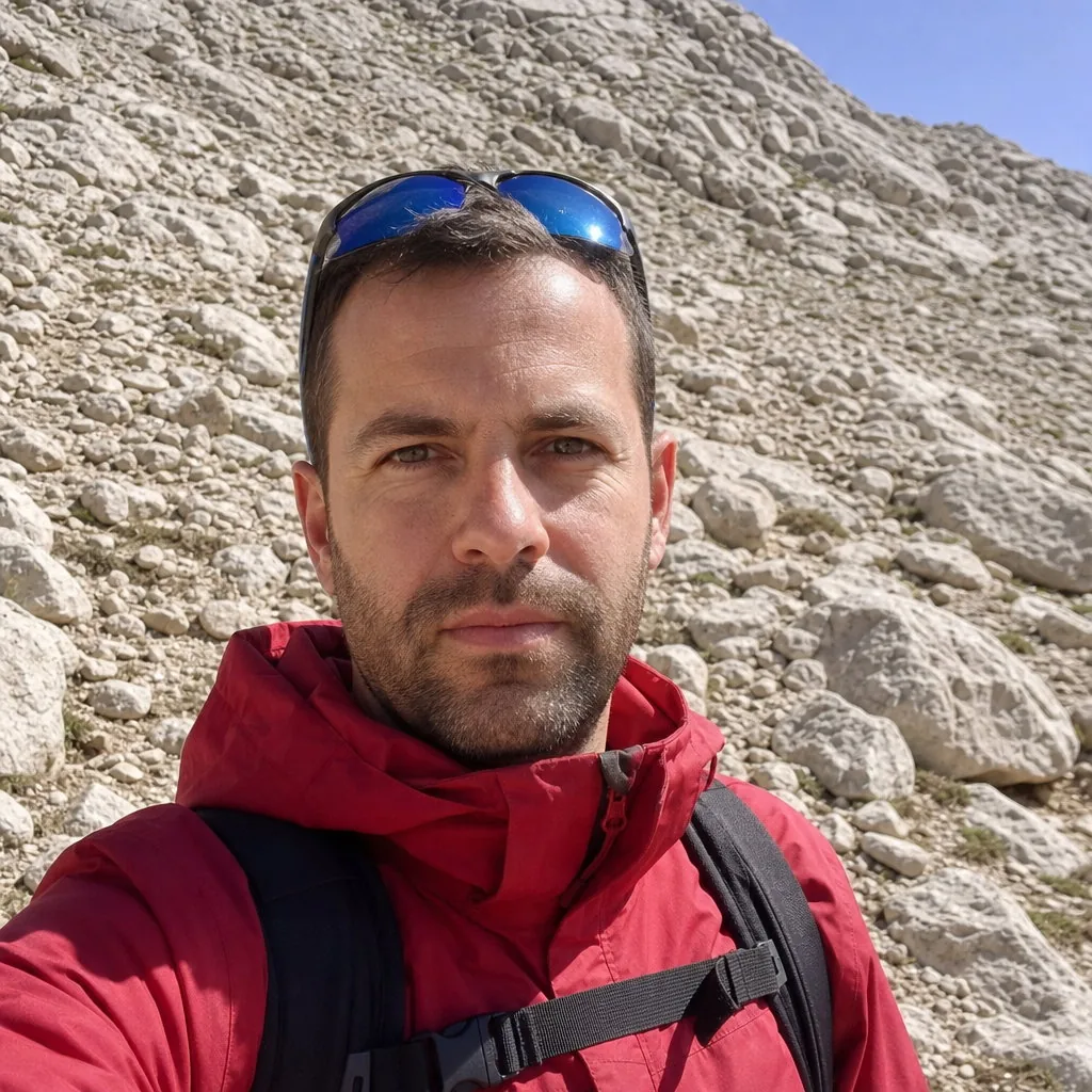 Square head-and-shoulders profile picture of the same hiker in the red windbreaker with the sunglasses on his head, the rocky slope and sky behind him, eyes on the camera