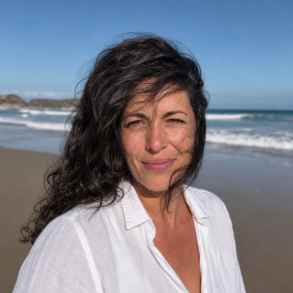 Square profile picture of the same woman in the white linen shirt with dark hair still blown across her face, the same squint, the sea behind her, horizon levelled, head centred