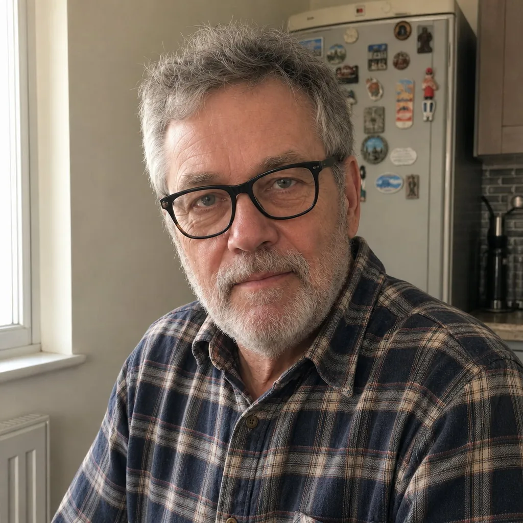 Square profile picture of the same man in his sixties in the same plaid flannel shirt and thick-rimmed glasses, the mug gone, kitchen window and fridge magnets behind, eyes on the camera