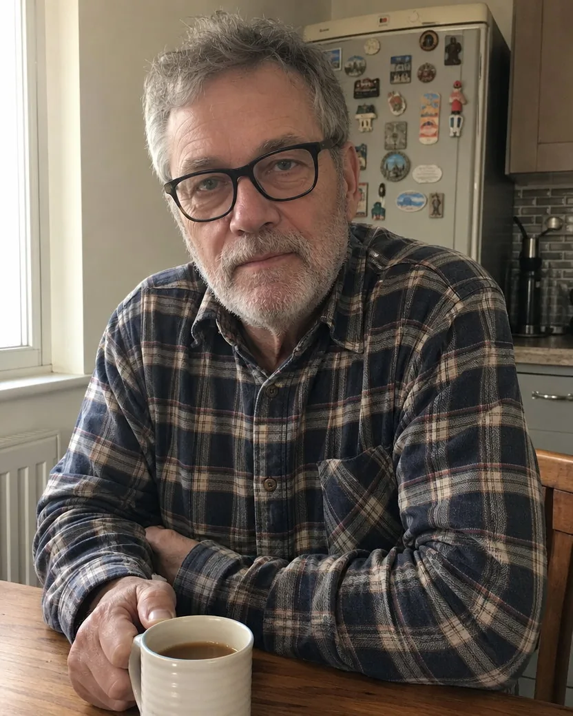 Snapshot of a man in his sixties with grey stubble and thick-rimmed glasses at a kitchen table with a mug of tea, side window light and a fridge covered in magnets behind him