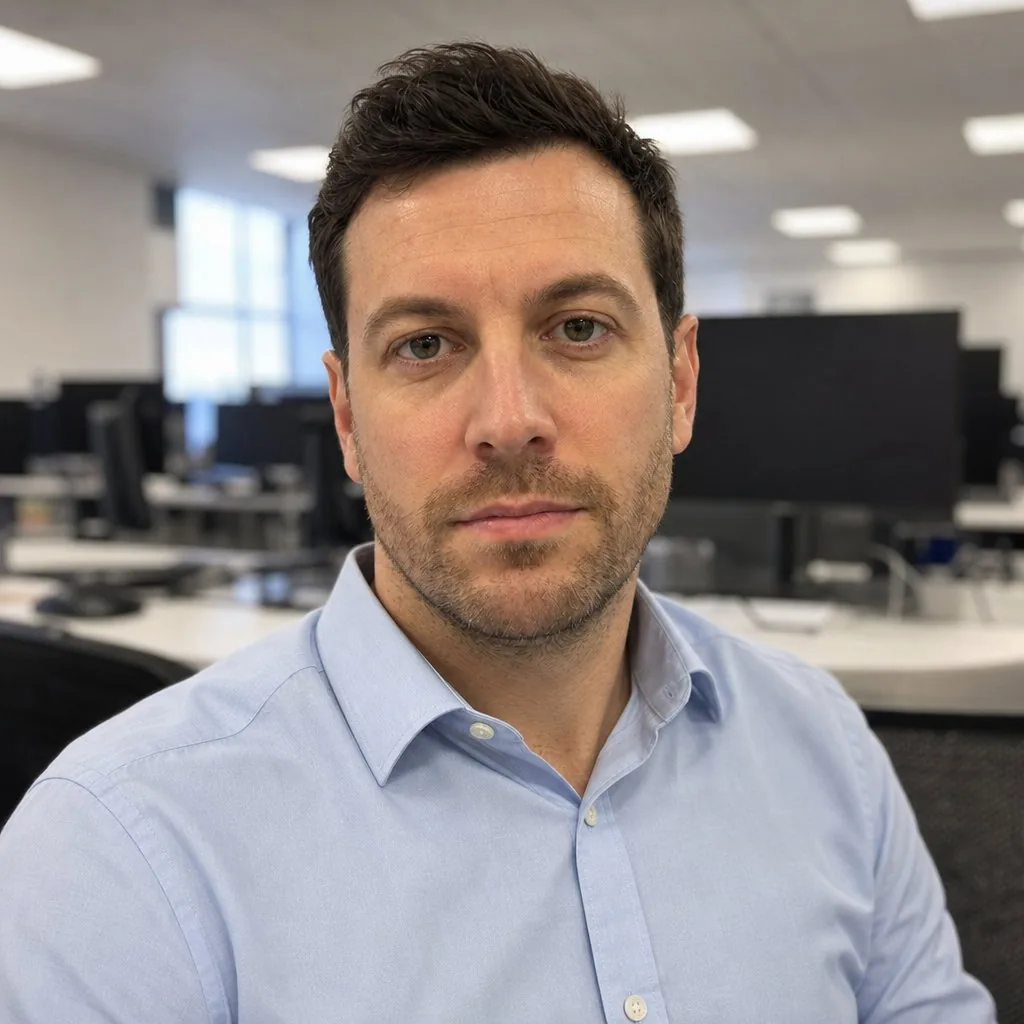 Square profile picture of the same man in the same light blue shirt at his desk, head centred with room above the hair, eyes on the camera, the open-plan office softly behind him