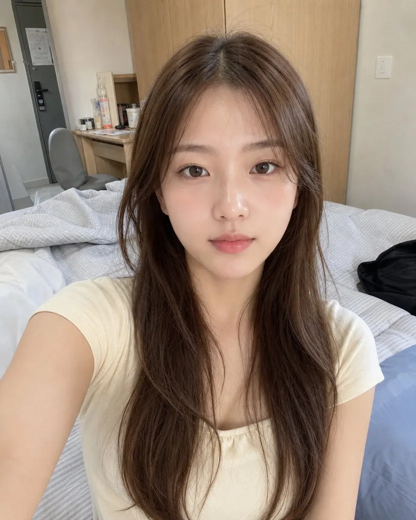 Arm’s-length front-camera selfie, held too close and off-centre, of a young woman with long light-brown hair in a plain cream top on a dorm bed, her arm in the frame, a wardrobe and desk behind her, deadpan expression