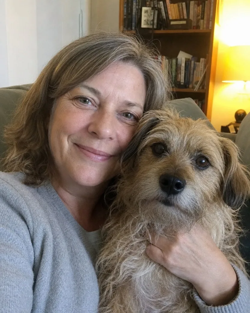 Couch selfie of a woman in her fifties in a cardigan holding a small scruffy terrier up next to her face, living-room lamp light and a bookshelf behind